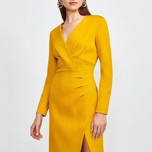 NWT Karen Millen Italian Jersey Long Sleeve Tuck Detail Dress - Mustard - US 12